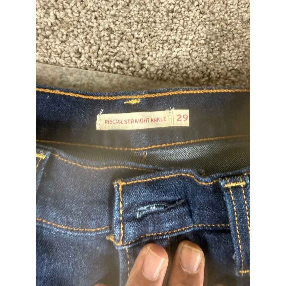 Levis Ribcage Straight Ankle Jeans Womens 29 Dark Wash Distress High Rise Denim